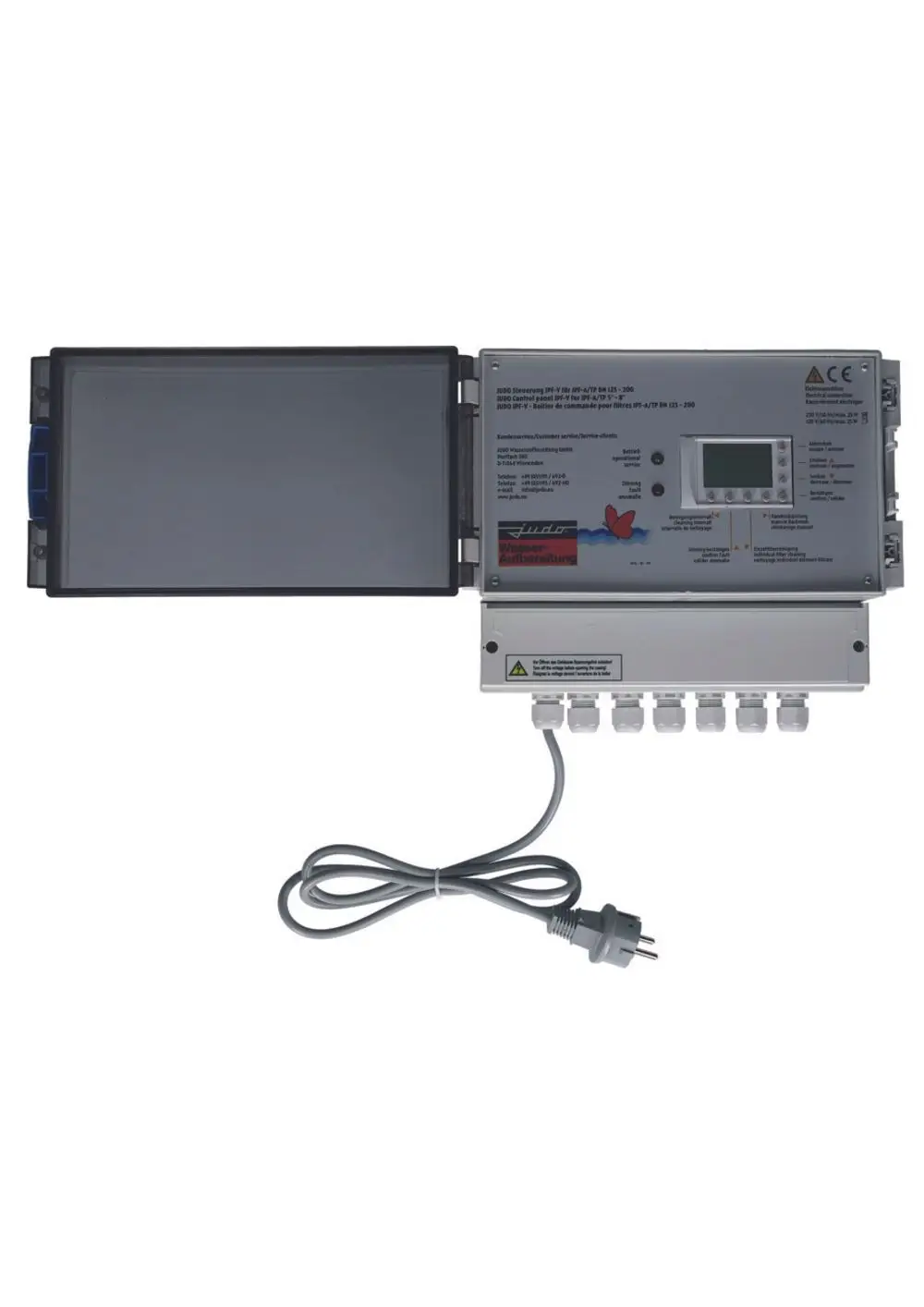 Judo Steuerungseinheit für Filtertechnik, ausgestattet mit Display und mehreren Anschlussbuchsen, vorbereitet für die Installation in Wasseraufbereitungssystemen.